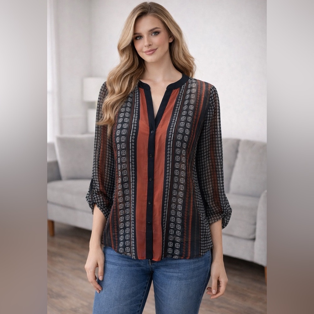 Sanctuary Sheer Geometric Stripe Button Front Blouse Roll Tab Sleeve Small